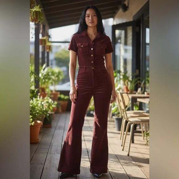 Altar'd State Deep Burgundy Velvet Bootcut Jumpsuit - Picture 1 of 5